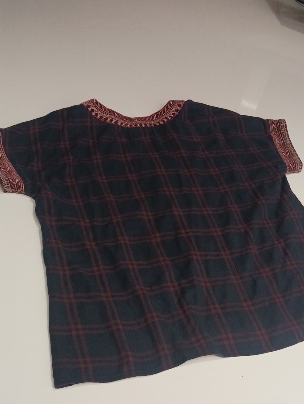 Johnny Was Girls' Navy Plaid Top with Burgundy Embroidered Trim M -L - Picture 6 of 6